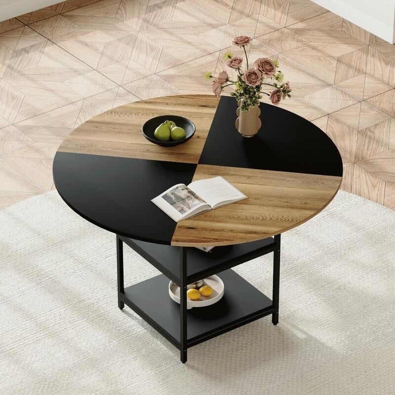 47.3-Inch Modern Round Dining Table – Double-Layer Storage with Wood & Black Fan-Shaped Diagonal Design .