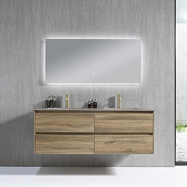 Meuble salle de bain double vasque 140cm bois et effet marbre marron avec miroir LED LB-8475M-140