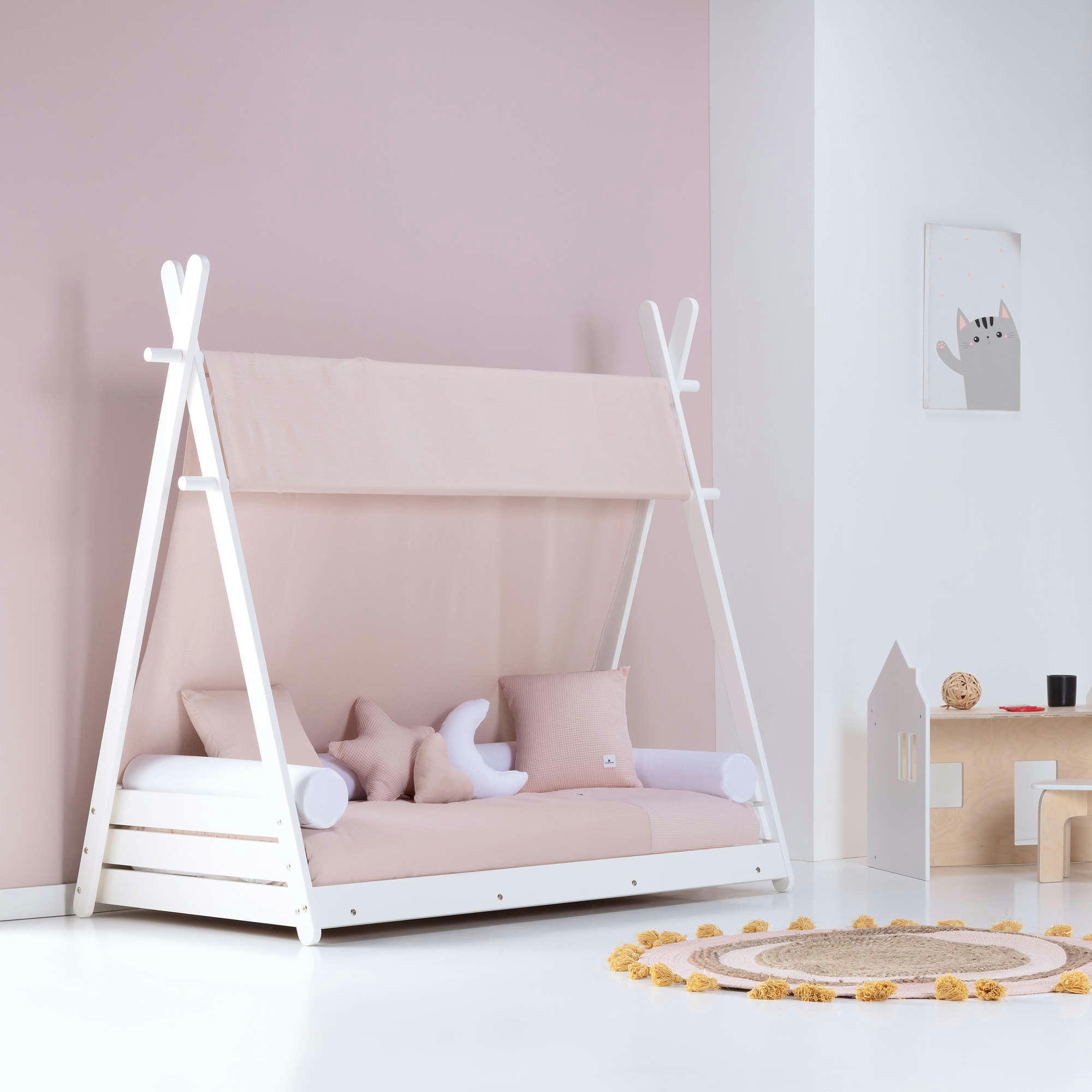 HOMY - Lit bébé Montessori en 70x140 cm avec textile en rose