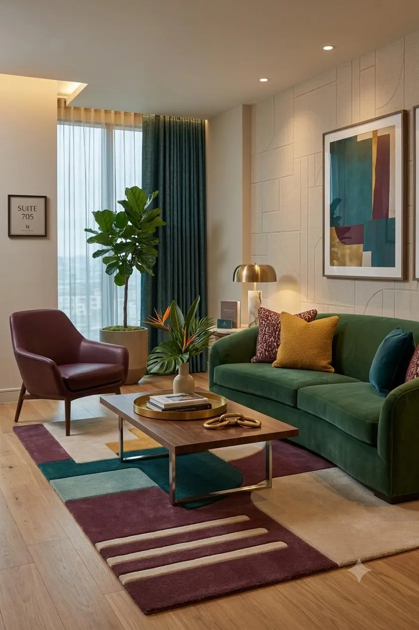 Modern Geometric Tufted Wool Rug | Mid Century Abstract Area Rug for Living Room, Hotel Suite & Balcony | Hand Tufted Color Block Carpet