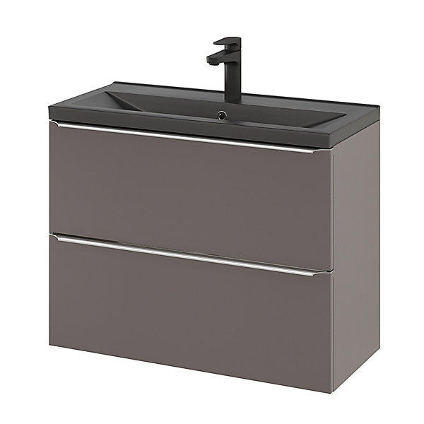 Meuble vasque suspendu faible profondeur gris taupe brillant l.80 cm Imandra   plan vasque noir céramique Nira, GoodHome