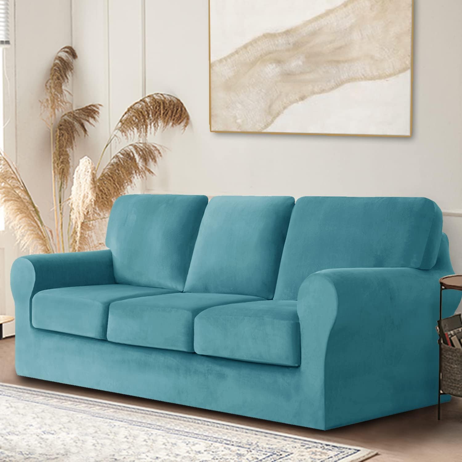 7 Pieces Velvet High Stretch Sofa Covers for 3 Cushion Couch Sofa Slipcovers, Washable Furniture Protector with Drawstring Anti Slip Bottom, Soft and Plush Fabric for Kids and Pet (Blue)