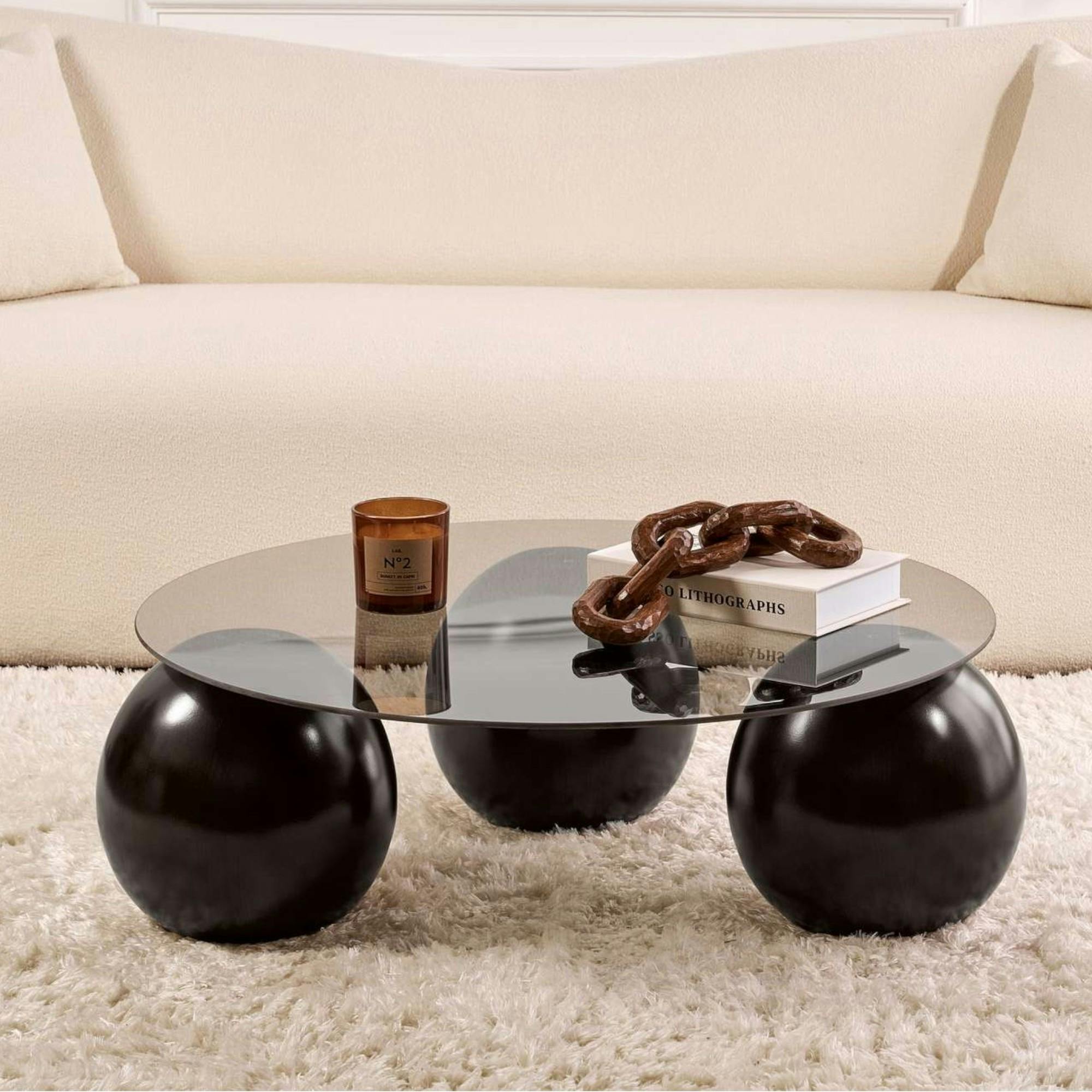 Table basse ronde verre fumé - 3 pieds boules noirs KOCHI