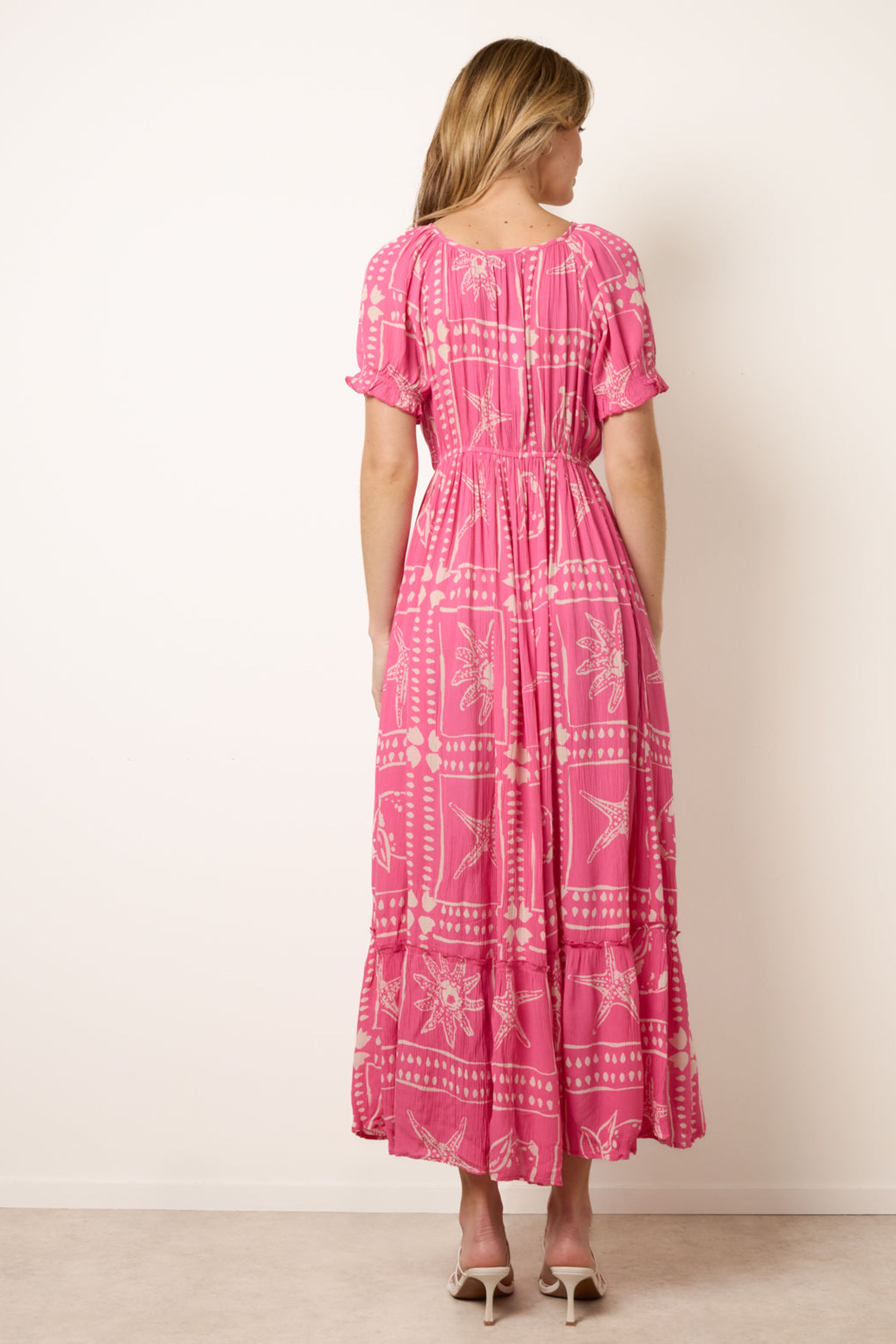 Blue Vanilla Pink Starfish Print Tie Front Maxi Dress