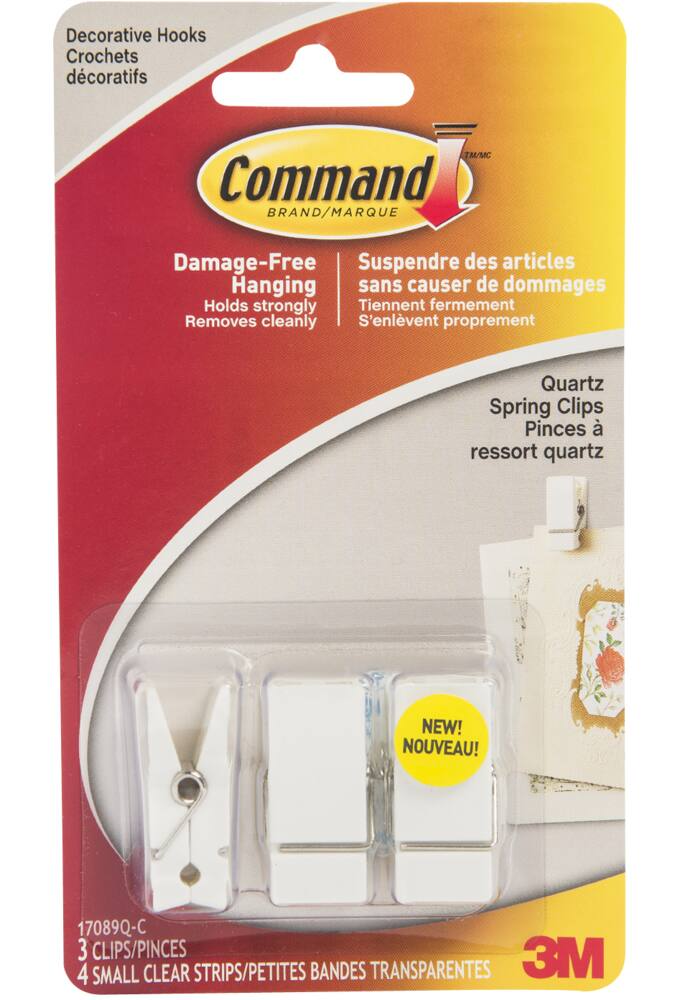 Command Small Quartz Spring Clips with Clear Adhesive Strips, White, 3 Strips per Pack
