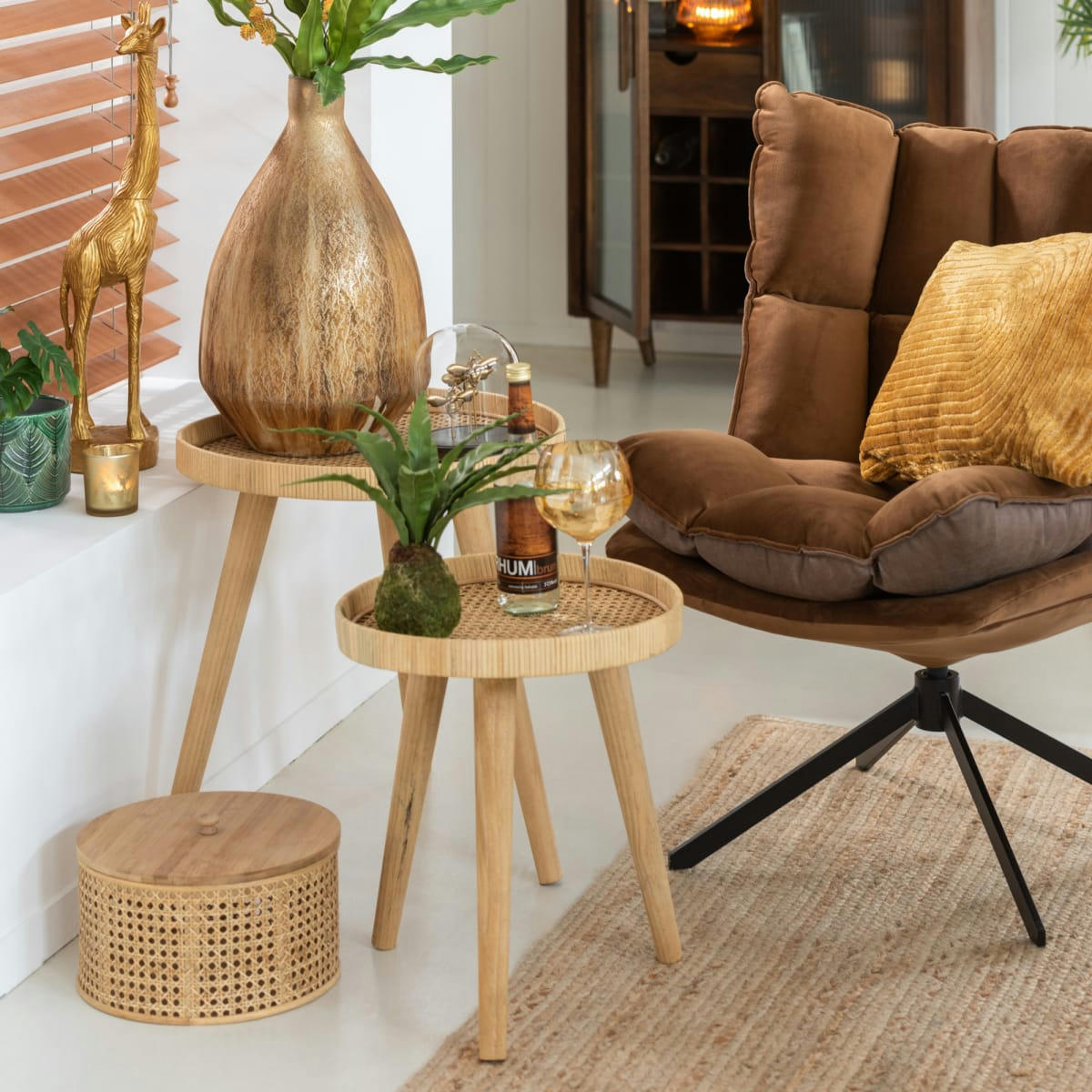 RONDINE - Set de 2 tables d'appoint ronde en rotin naturel