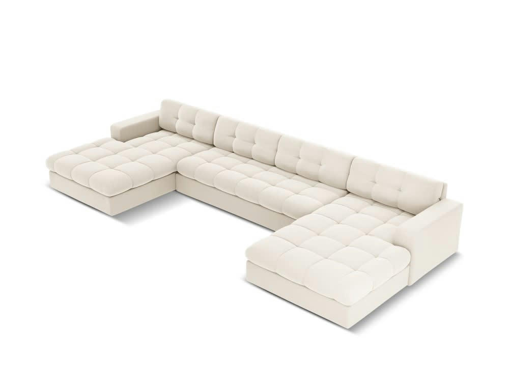 JUSTIN - Canapé d'angle 5 places en velours beige clair