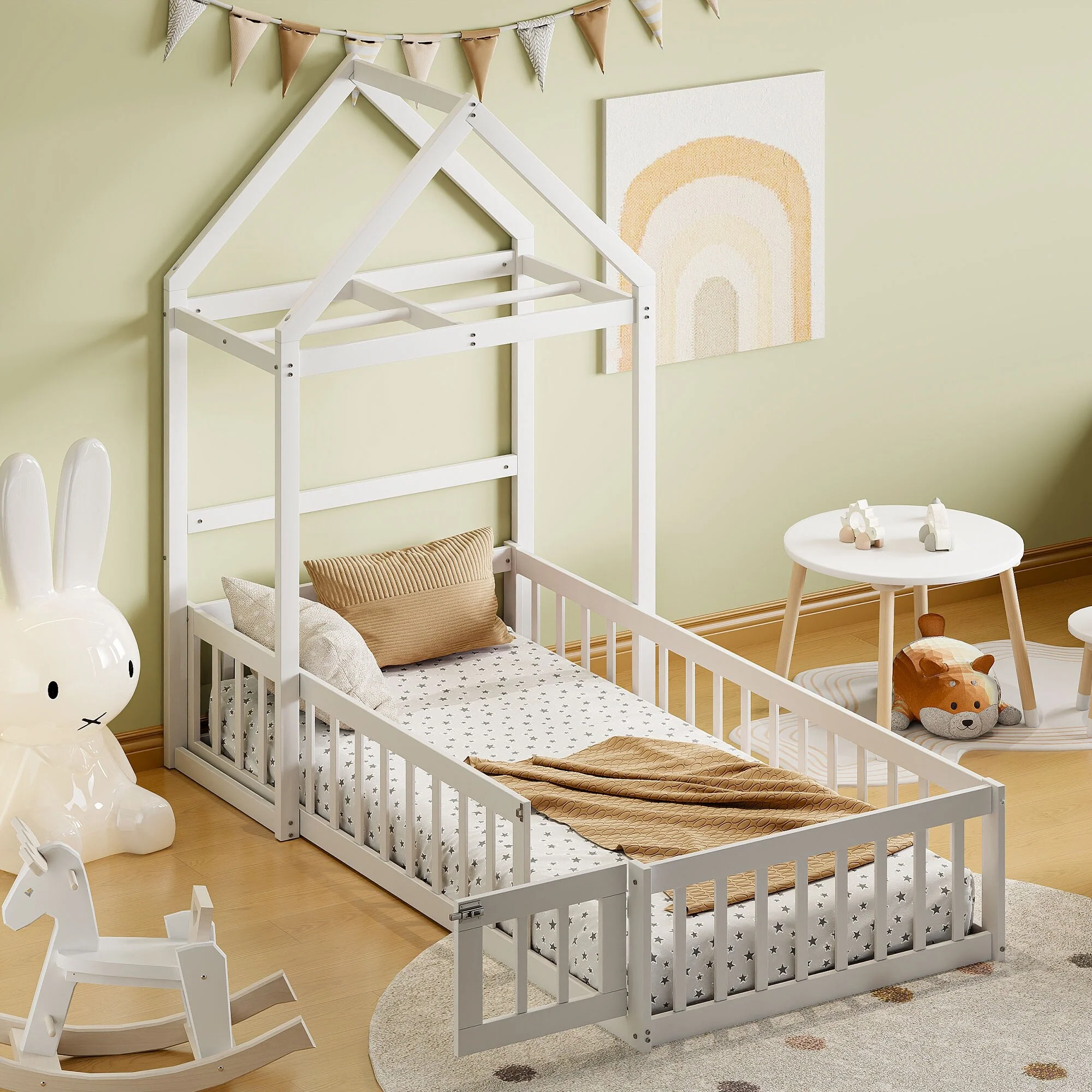 Twin Size Wooden Floor Bed with Fence and Detachable Headboard for Kids