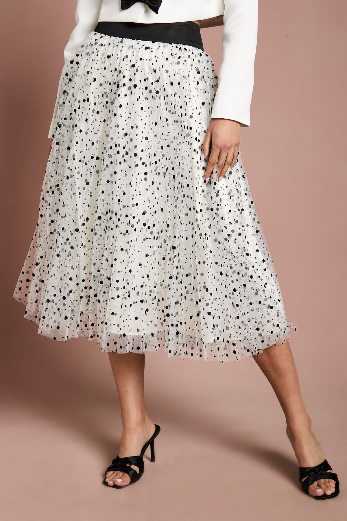 Coast Lisa Tan Pleated Polka Dot Mesh Midi Skirt
