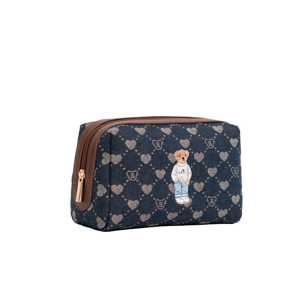 Signare London Beauty Toiletry Bag - B-Loved Blue Denim Monogram Teddy Bear