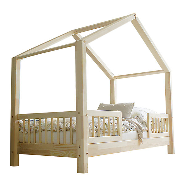 Lit cabane 90x190 barrières et sommier inclus pieds 10 cm Iris Bois