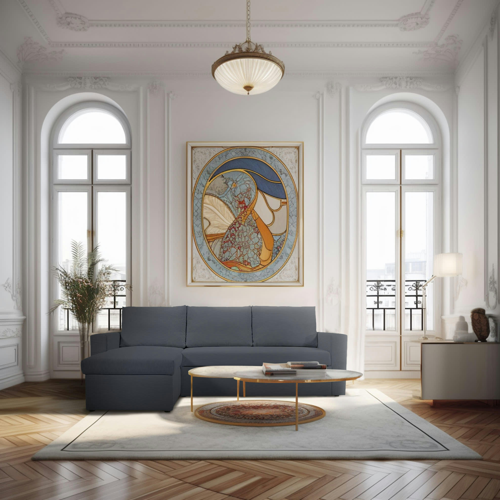 ALEDO - Canapé d'angle convertible 4 places en velours côtelé gris anthracite