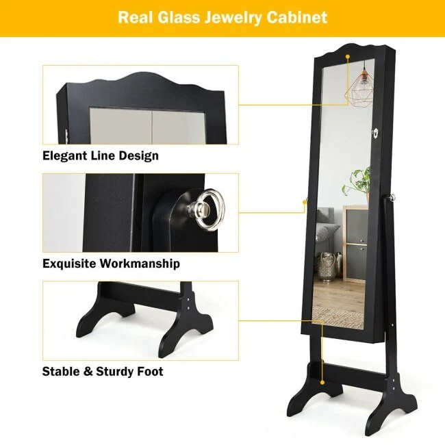 Mirrored Lockable Jewelry Cabinet Armoire Organizer Storage Box - 18.5 x 14.5 x 63.5 ( L x W x T )