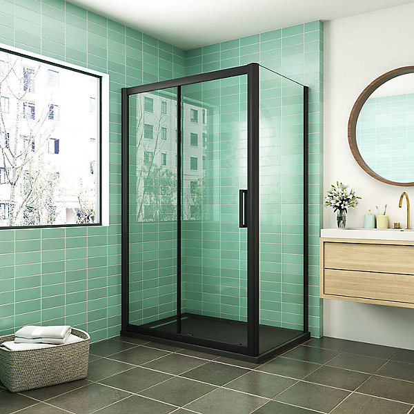 Cabine de douche coulissante avec l'amortisseur - Porte de douche en 8mm verre anticalcaire - profilé noir mat - 120x80x195 cm