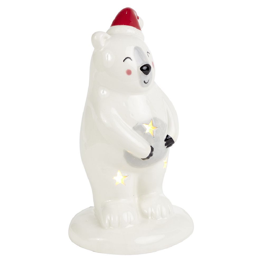 Ours de No&euml;l lumineux 1LED céramique blanc H14,5cm
