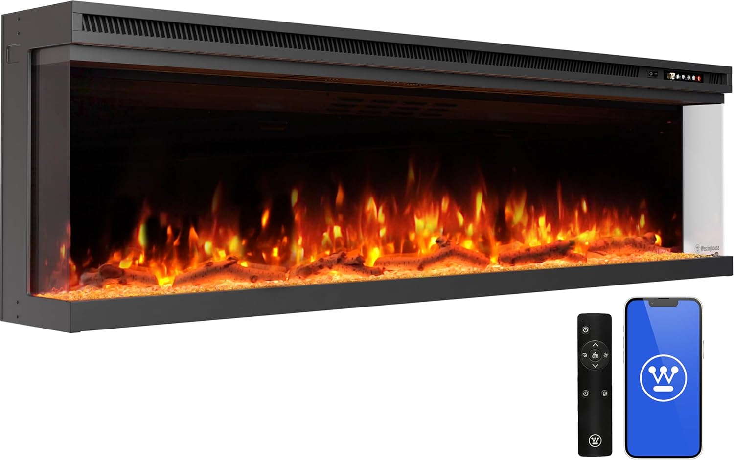 Westinghouse 60inch Electric Fireplace, Realistic Flame&Log Set, Compatible with Alexa & Google Home, Wall Mount or Recessed, 24 Hour Timer, Color Changing Flames, 750W/1500W Indoor Heater (60inch)