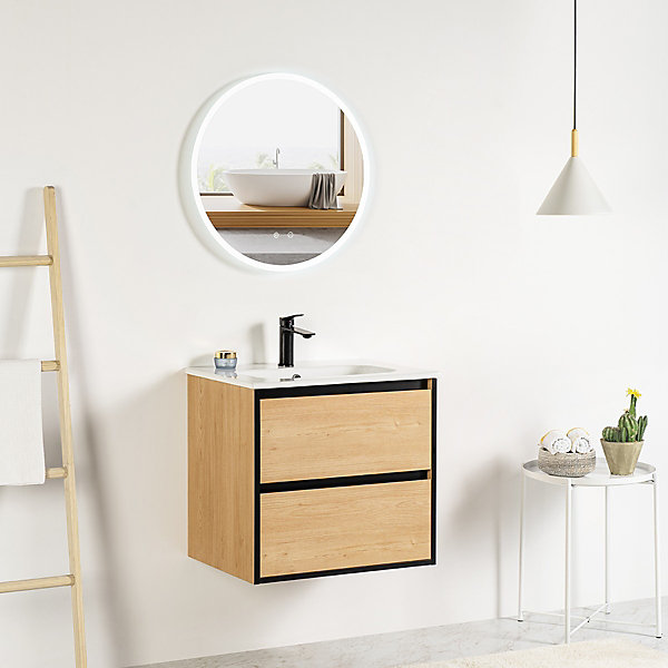 Pack Meuble prémonté 80 bois détail noir-Vasque céramique-Robinet noir-Miroir JOY - bain-bain