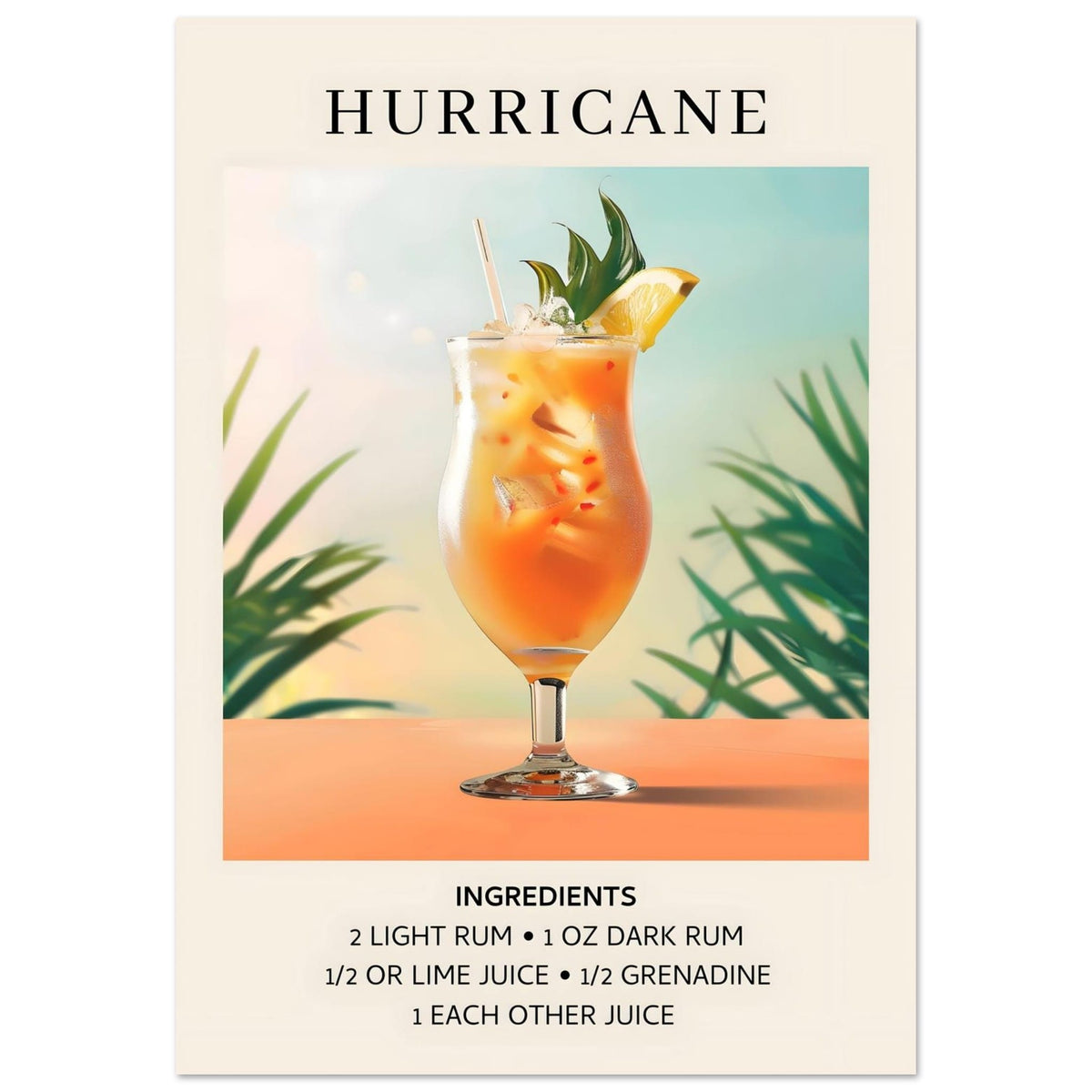 Artfulprints Poster Hurricane cocktail - Ingrediënten  - 70x100 cm - Meerkleurig