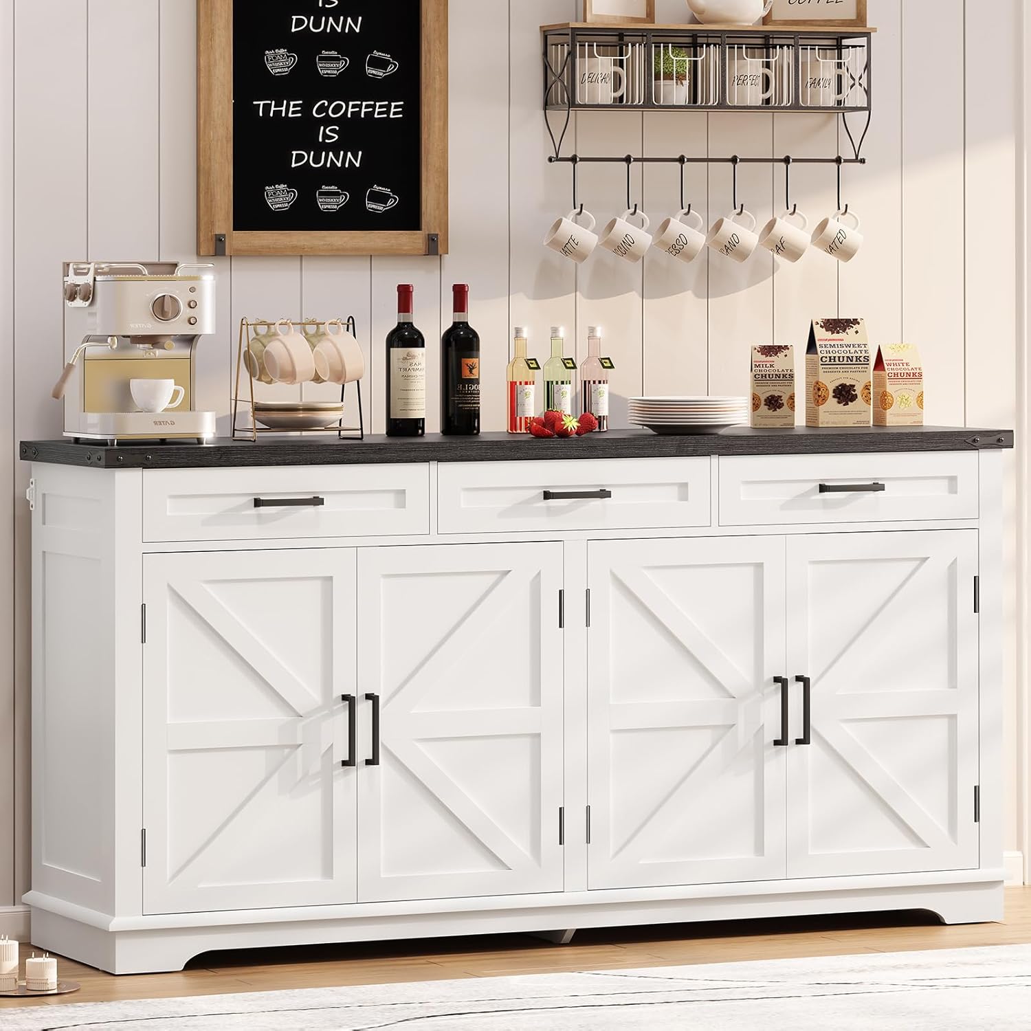 TEENFON 61 Farmhouse Buffet Cabinet with 2 Adjustable Shelves, Sideboard with 3 Drawers & 4 Doors, Rustic Storage Cabinet for Kitchen, Entryway, Coffee Bar, White