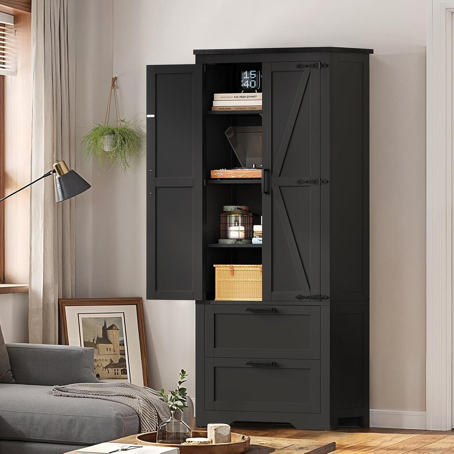 TEENFON 66.1 H Storage Cabinet, Farmhouse Kitchen Pantry Cabinet with 2 Drawers & Adjustable Shelf, Bathroom Cabinet, for Living Room, Kitchen, Bathroom, Black