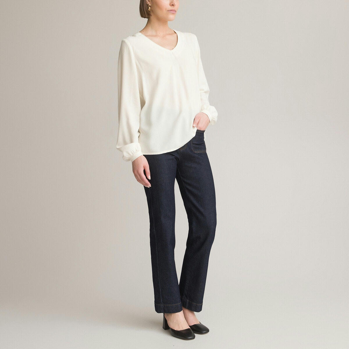 Blouse unie col V, manches longues