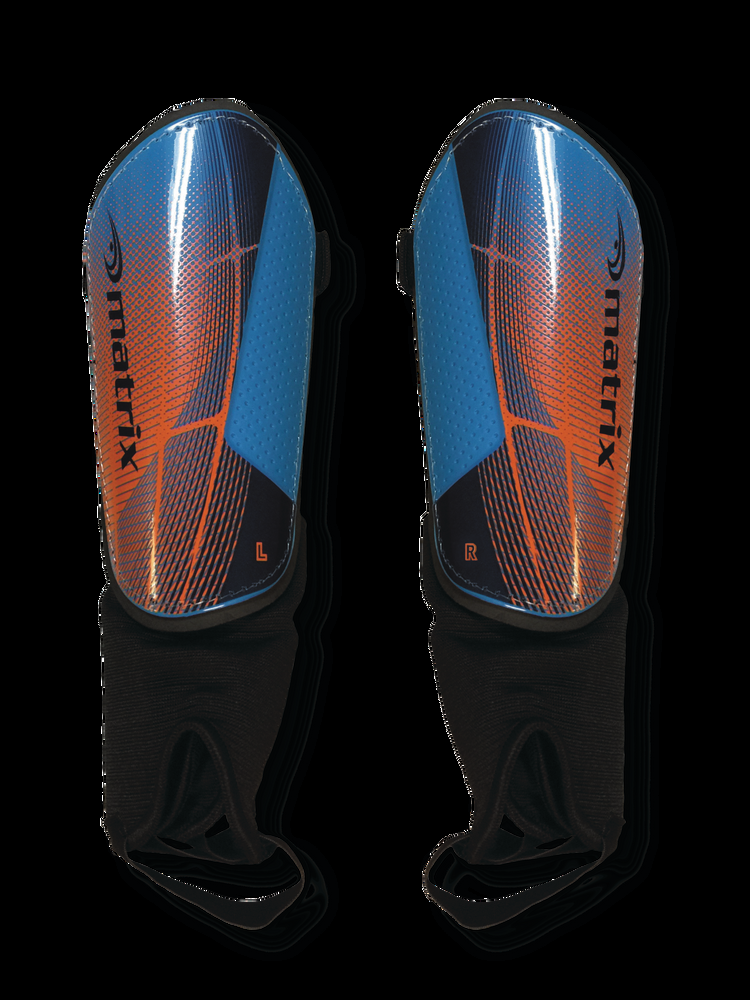 Matrix PeeWee Kids' Soccer Shin Guards w/ Adjustable Elastic Straps, Blue/Orange