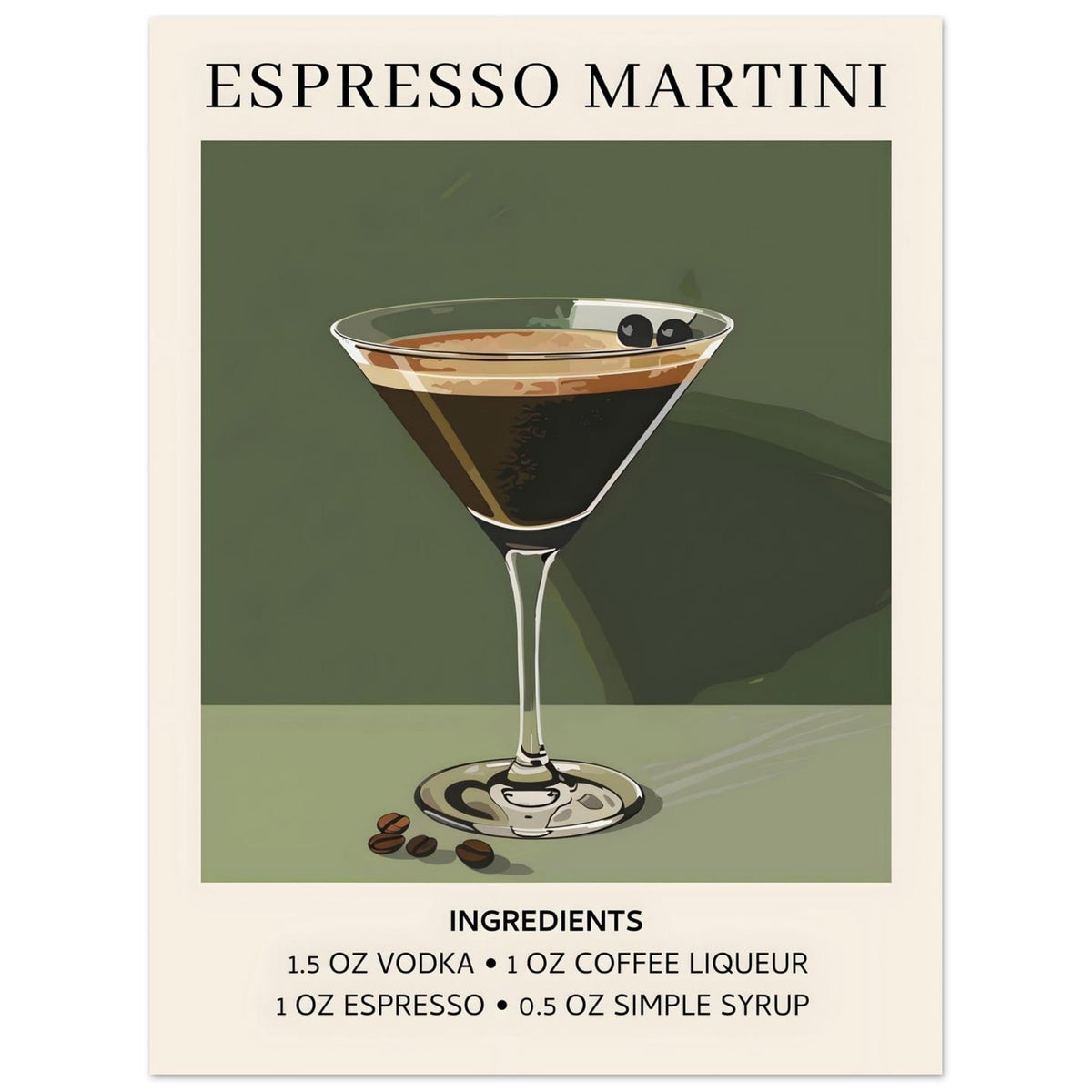 Artfulprints Poster Espresso Martini cocktail - Ingrediënten  - 30x40 cm - Donkergroen