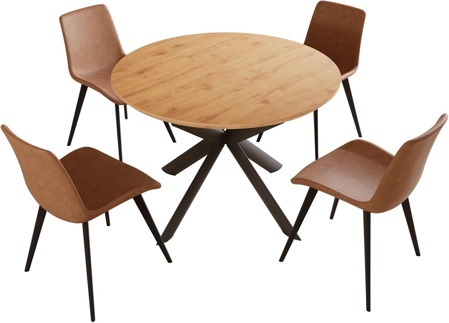 43.2-59.1 Extendable Round Dining Table Set, Mid Century Modern Wooden Round Table, Leisure Oak Coffee Table,w/ 4 PU Leather Chairs