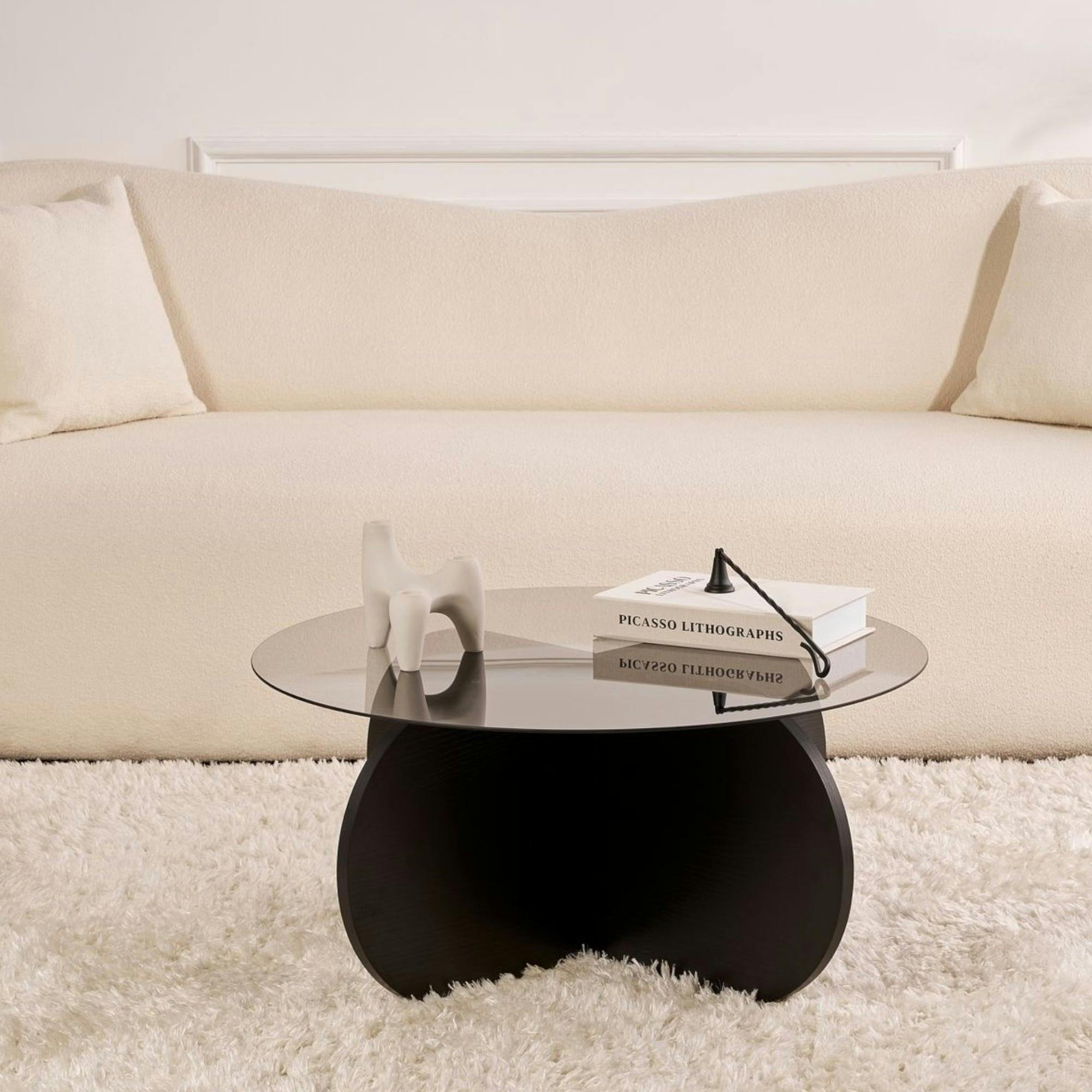 Table basse noire plateau verre – pied croix effet bois SALTA