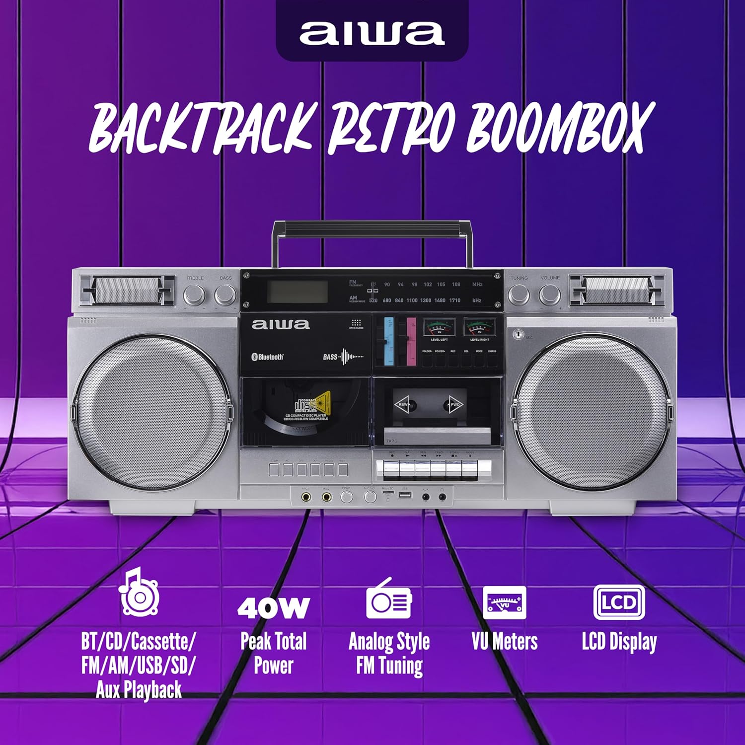 aiwa Retro Boombox CD Player with Cassette Recording  Bluetooth 5.0  FM/AM Radio  USB/SD/AUX Inputs  VU Meters  LCD Display  Dual 40W Speakers - Silver