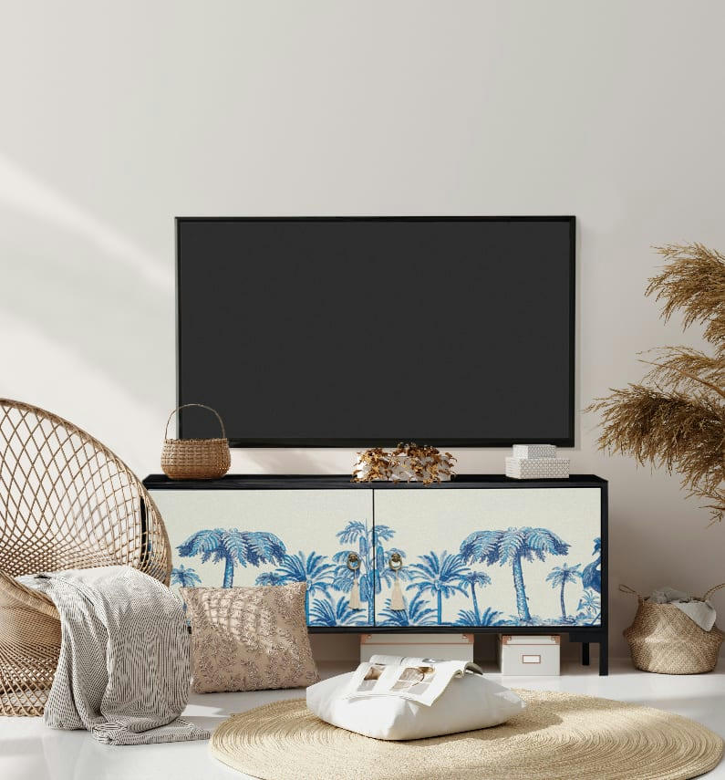 LEA - Meuble TV 2 portes laqué MDF imprimé palmiers vintage