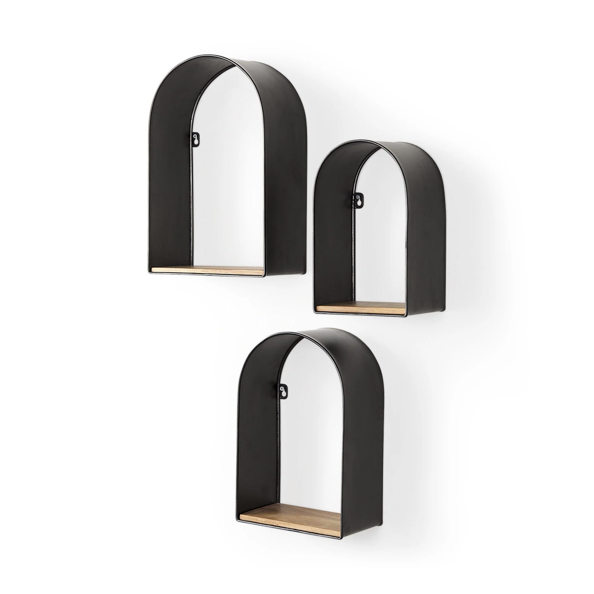 HomeRoots Set Of Three Black And Brown Metal And Solid Wood Arched Wall Mounted Accent Shelf - 11.22 in. x 15.16 in. x 11 in.