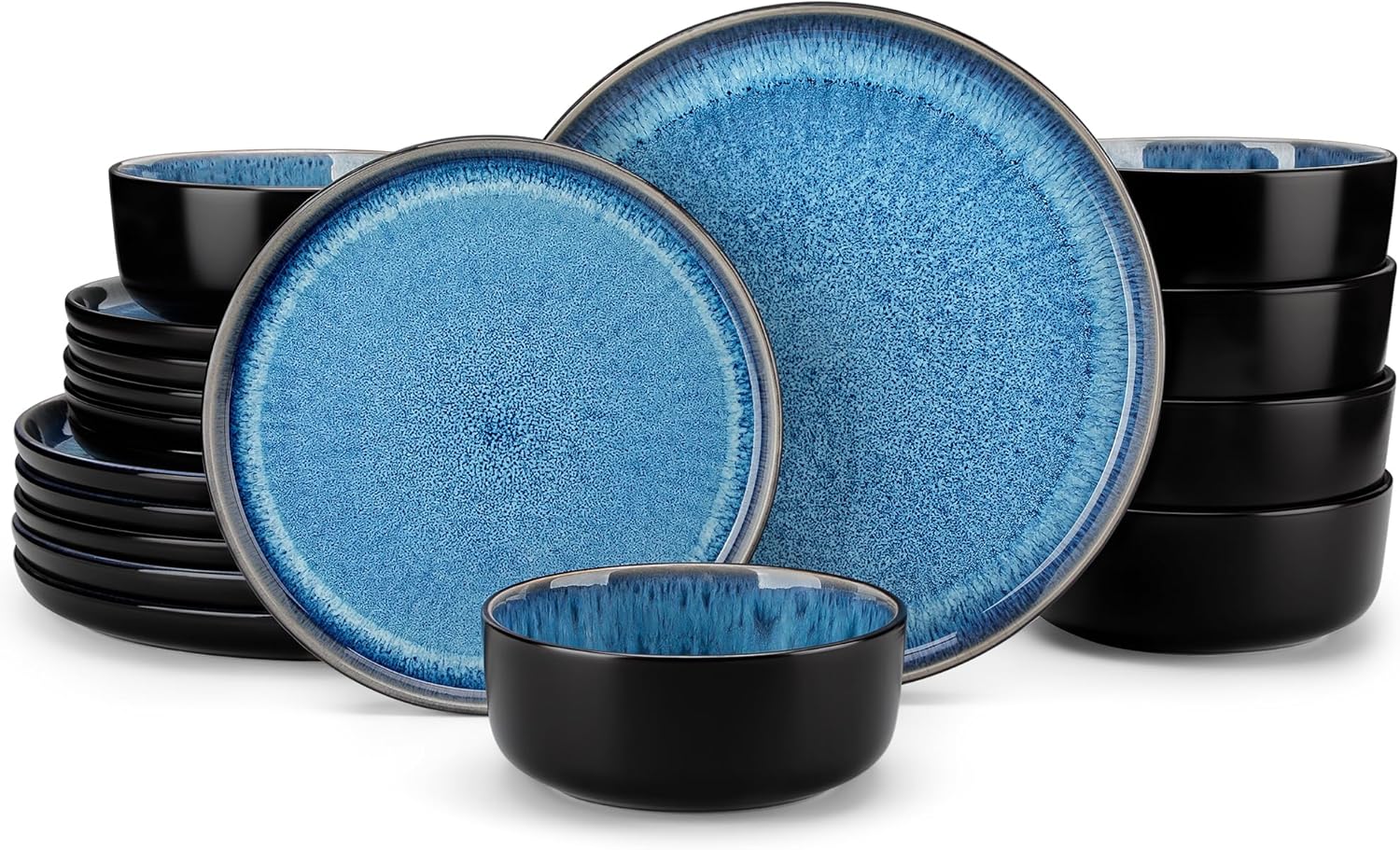 vancasso PLAYA Plates and Bowls Sets, 18 Pieces Blue Dinnerware Sets for Kitchen, Reactive Glaze Dishes Set for 6, Dishwasher and Microwave Safe