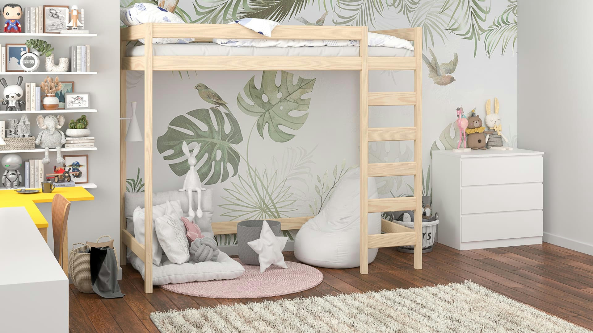 - Lit mezzanine en pin massif 180x80 chêne blanchi