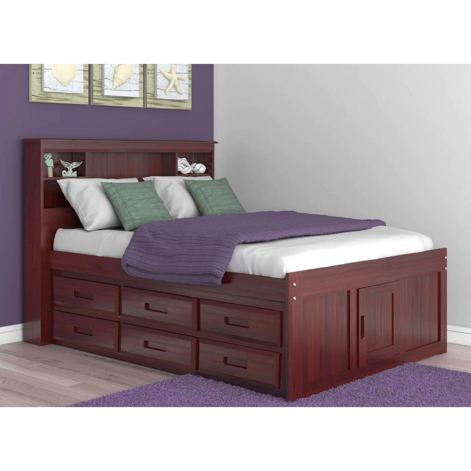 OS Home and Office Furniture Model Solid Pine Full Captains Bookcase Bed with 6 drawers in Rich Merlot