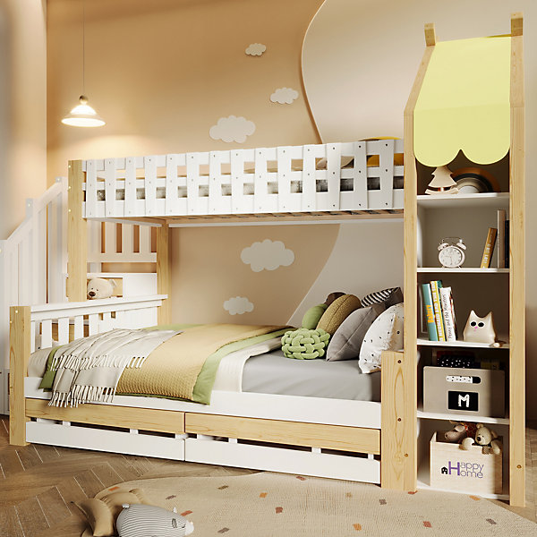 Lit superposé 90x200 cm   140x200 cm avec tiroirs de rangement, échelle intégrée et maisonnette, pin/MDF
