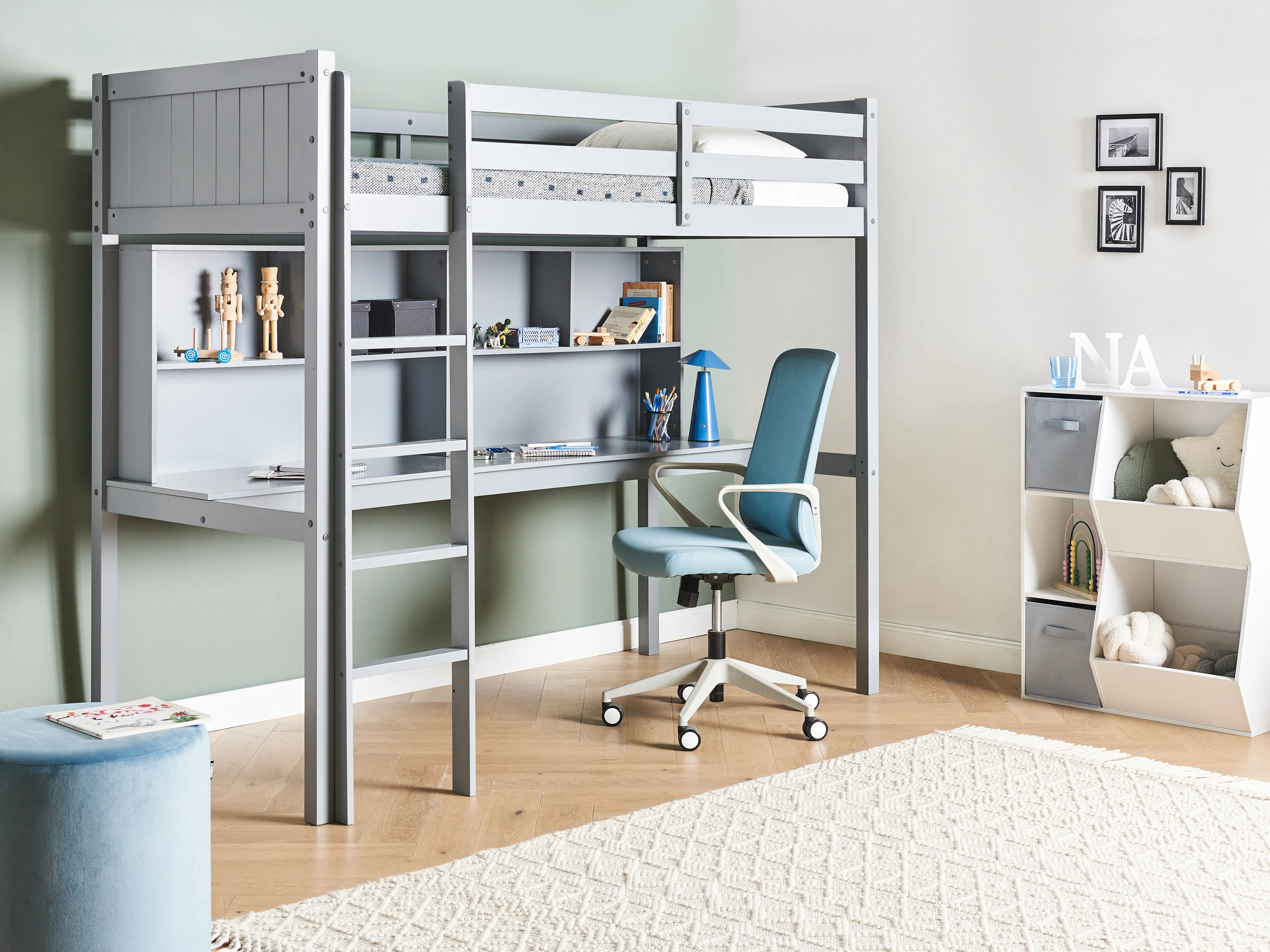 High Sleeper Bed with Desk Pine Wood FOUCAMONT 90 x 200 cm (EU Single) Grey