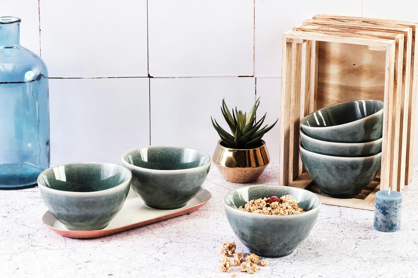 MOON - Lot de 6 bols petit-déjeuner en grès bleu D14,5