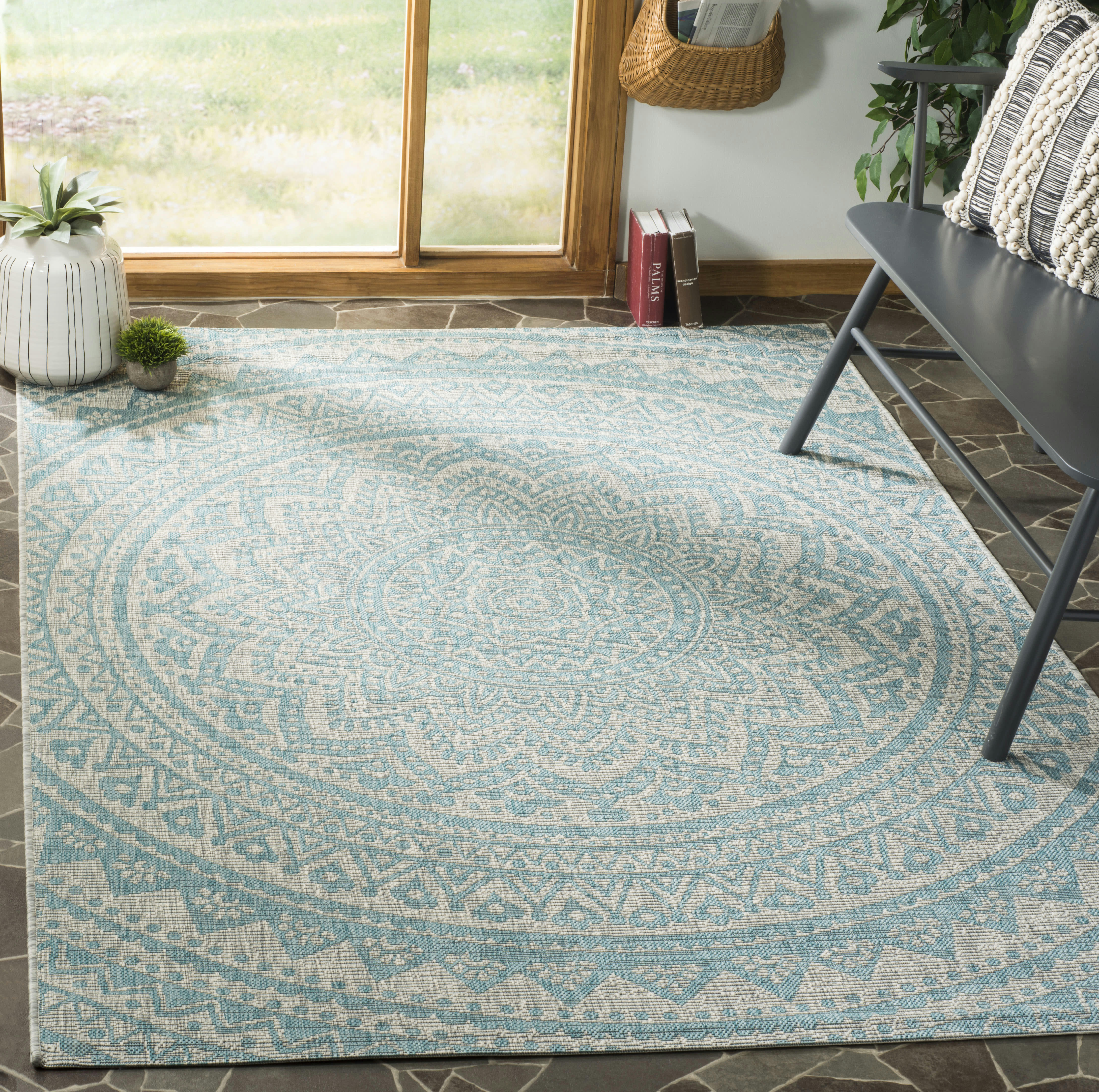 COURTYARD - Tapis interieur & exterieur en gris clair & turquoise, 122 x 170 cm