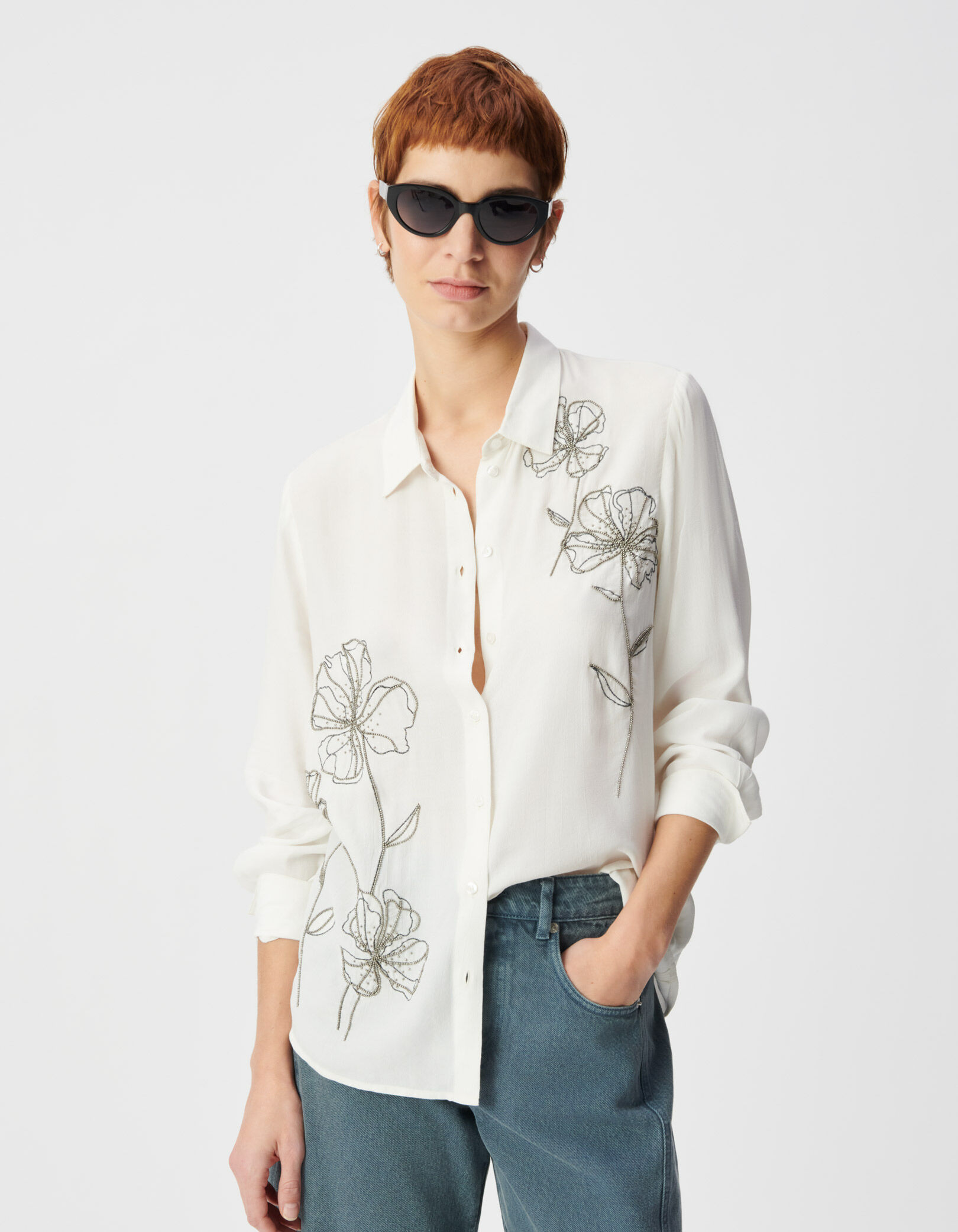 Chemise manches longues blanche broderies perles Femme