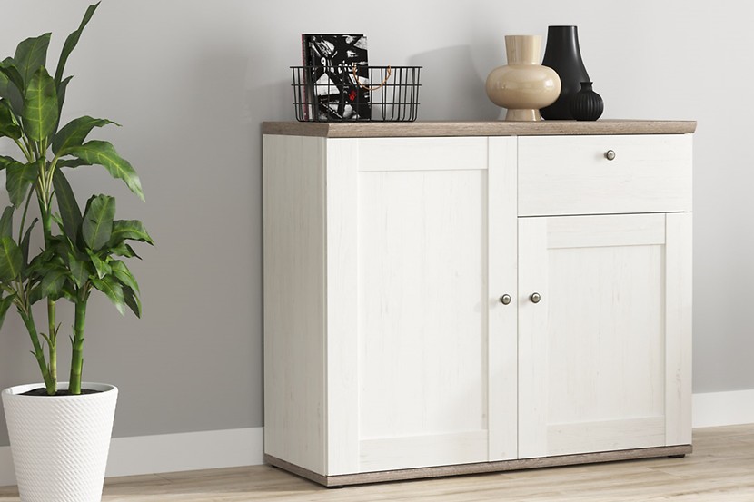 Komoda Stockholm 103 cm z 2 drzwiami i szufladą sosna andersen biała/dąb sonoma ciemna