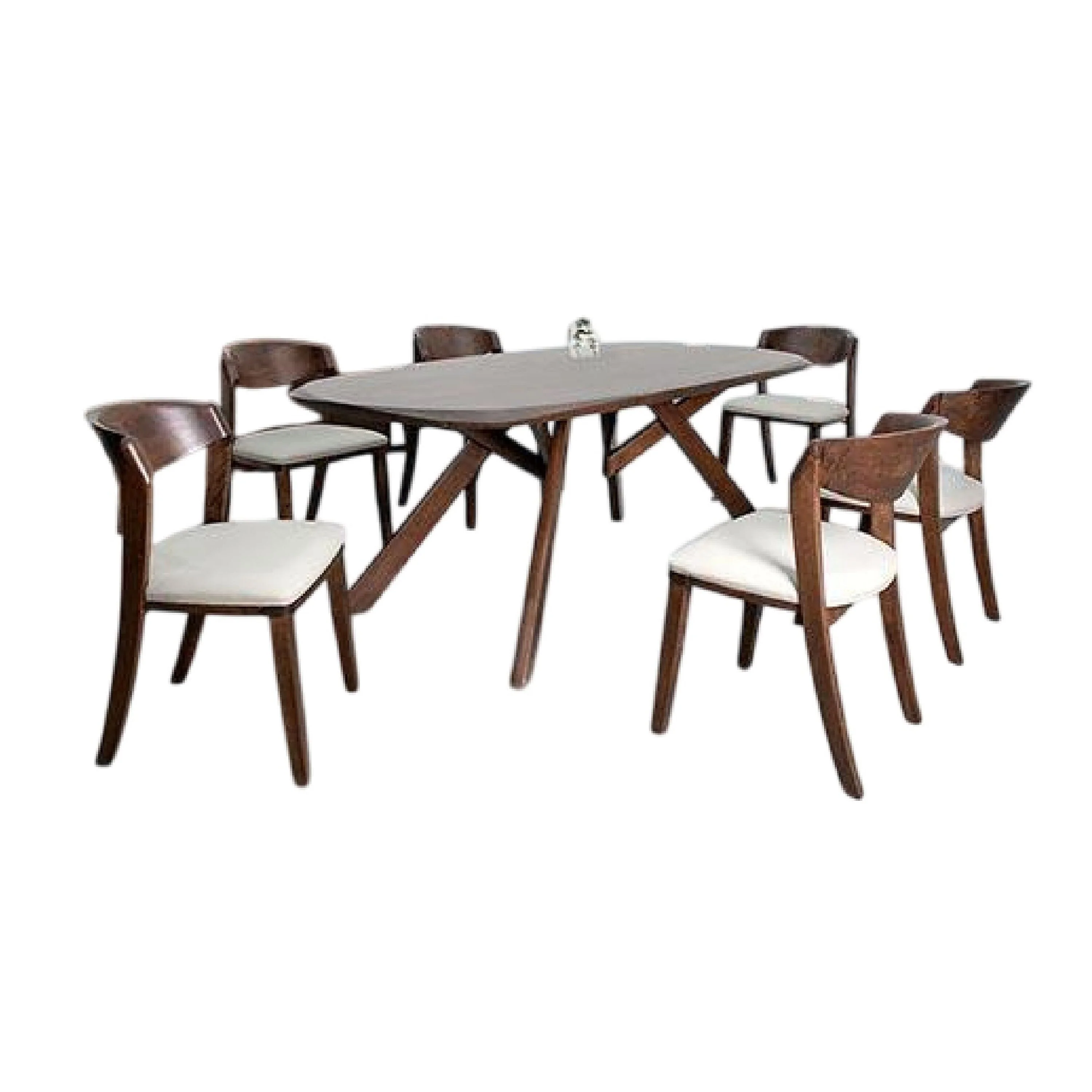 Ziva 7pc Dining Table Set, 6 Ivory Chairs, 3D Edge Brown Solid Wood