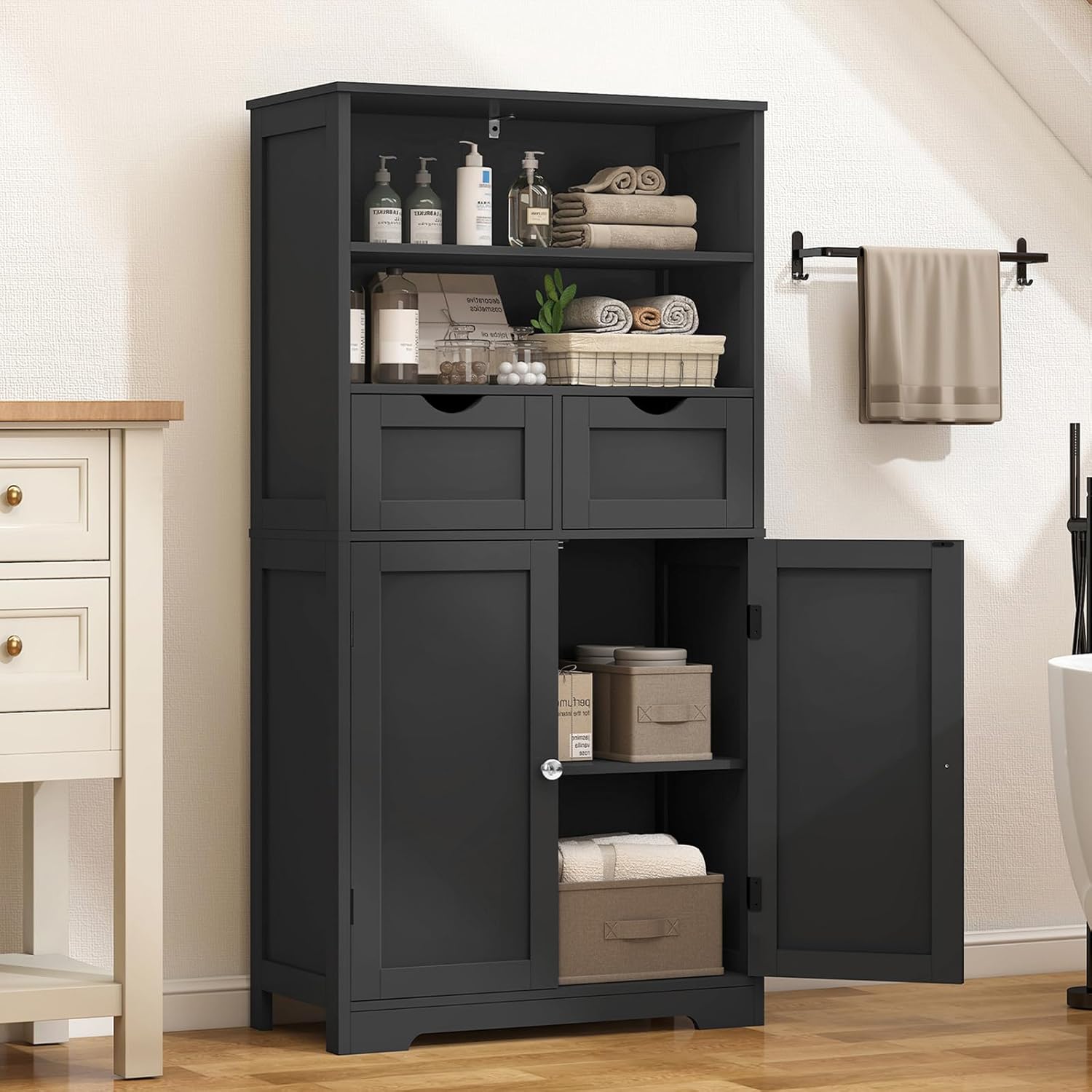 Iwell Tall Storage Cabinet, Black Storage Cabinet & Adjustable Shelves, Bathroom Cabinet for Living Room, Dining Room, Entryway, Black