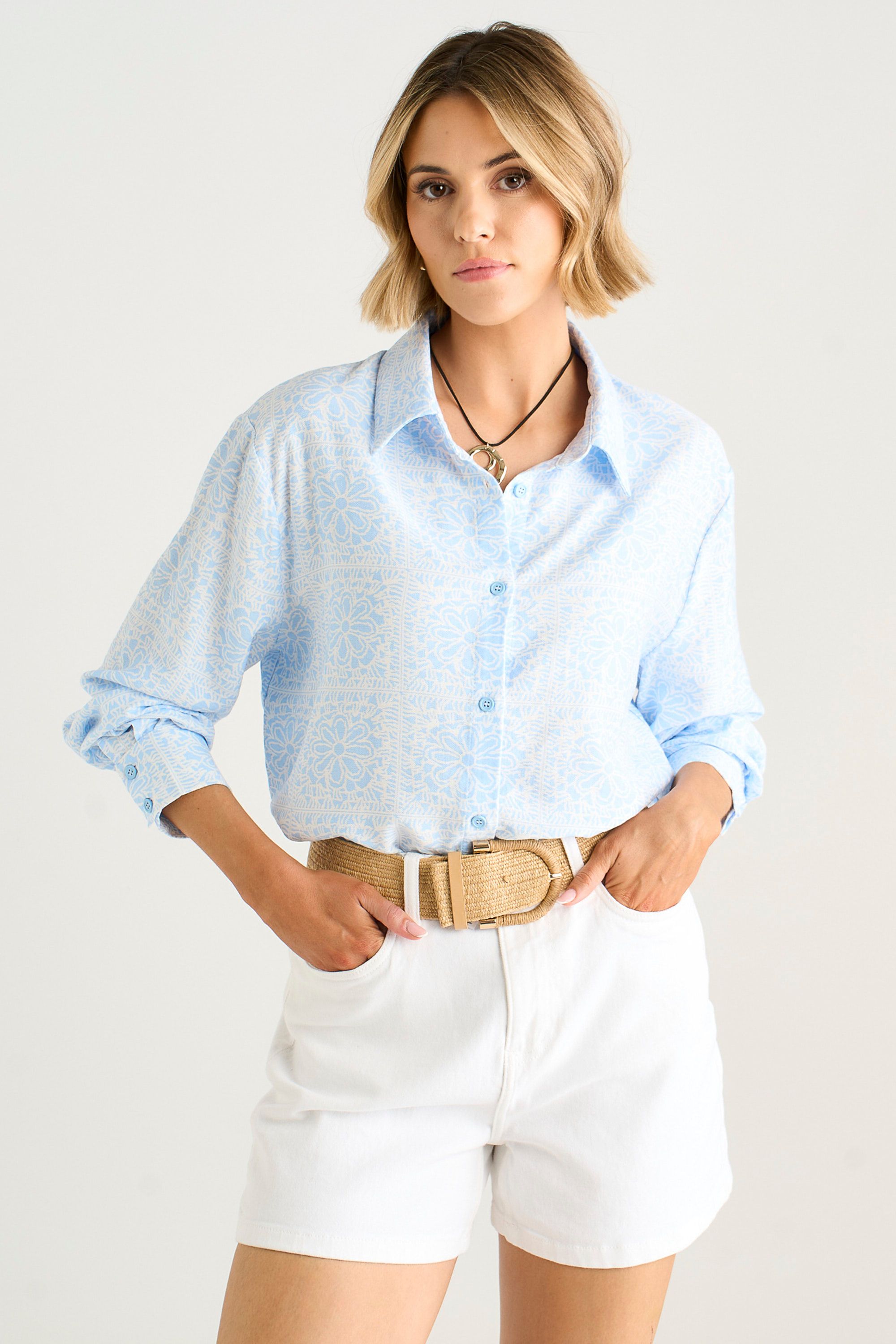 Gini London Cotton Mix Blue Tile Print Button Through Shirt