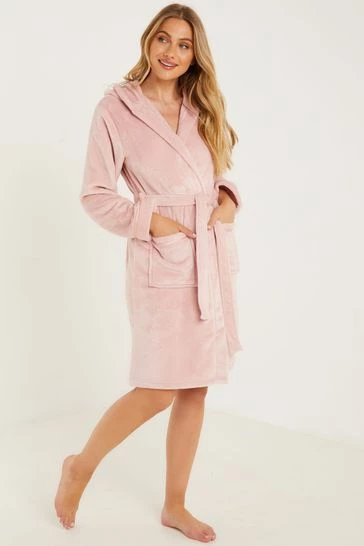 Quiz Pink Luxury Fleece Trim Hooded Dressing Gown