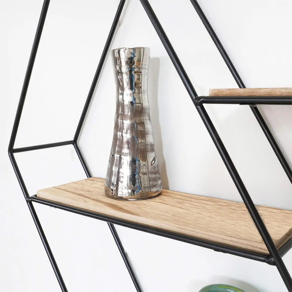 Zwart metalen wandrek met 3 houten plankjes - Zeshoek diagonaal