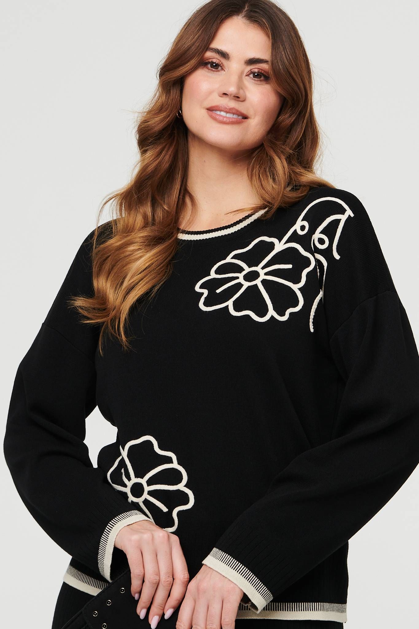 Izabel London Floral Trim Jumper & Trousers Co-Ord Set