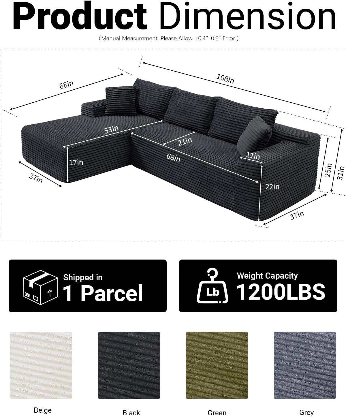 108 Inch Cloud Sectional Couch,Modern Modular Sectional Sofa with Deep Seat,Corduroy Boneless Couches with L-Shape Chaise for Living Room,No Assembly Required (Black, Left Facing Chaise)