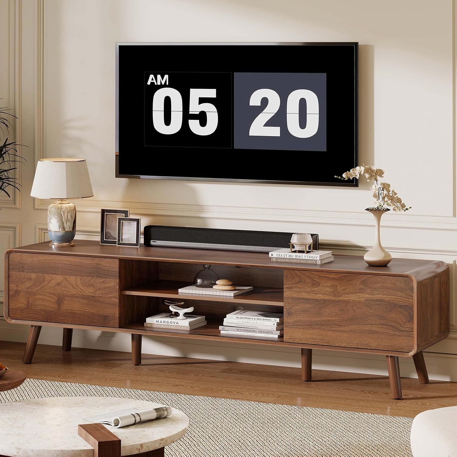 70 Mid Century Modern TV Stand for Tvs up to 80, Entertainment Center with Storage, Sideboard Media Console for Living Room with 2 Sliding Door/Adjustable Shelves, Walnut
