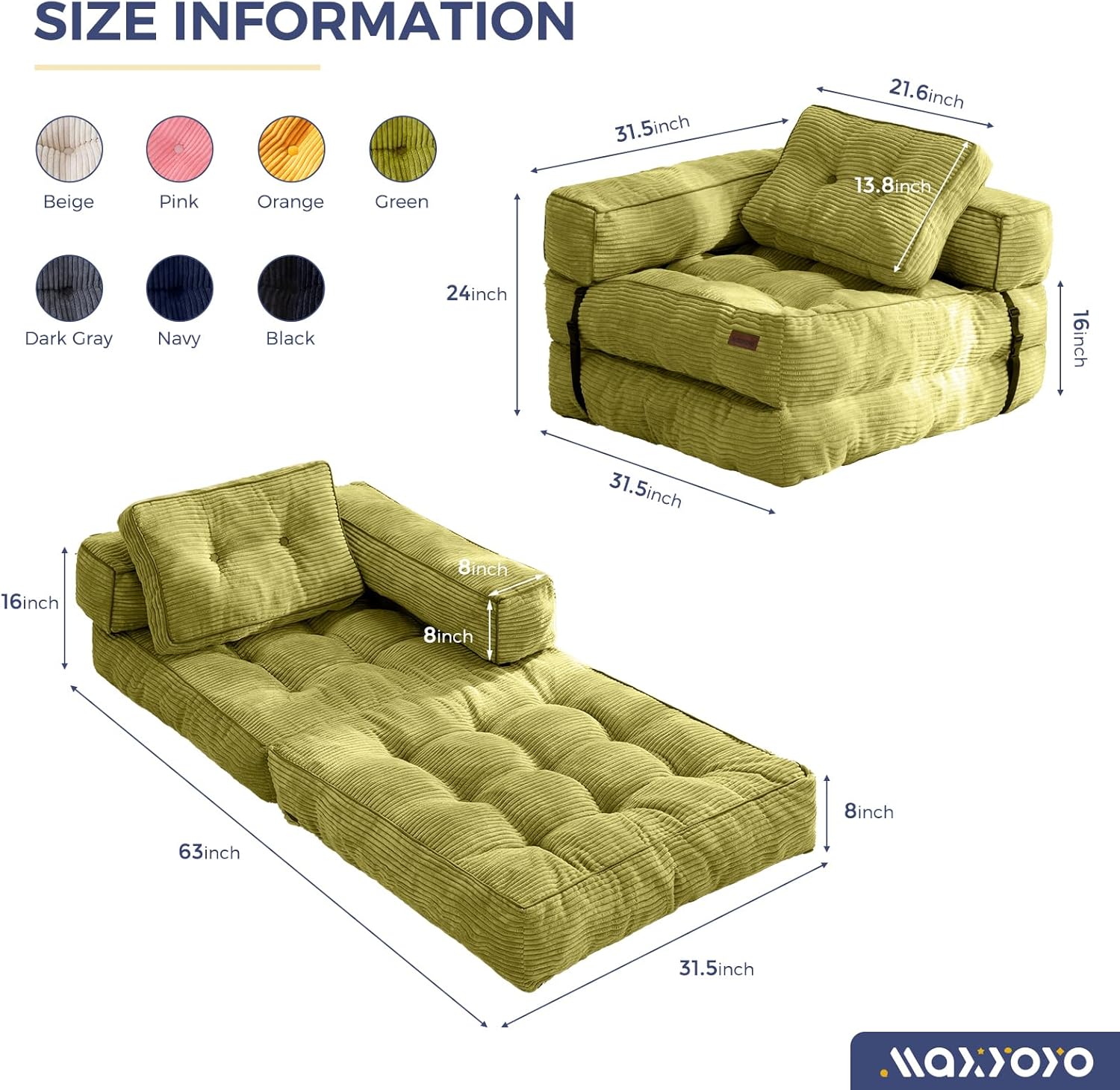 MAXYOYO Folding Sofa Bed, L-Shaped Convertible Sofa with Armrest Foldable Sleeper with Pillow, Portable Fold Out Chair Bed Comfy Floor Lounge for Living Room Bedroom, Green